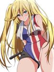  arms_behind_back asymmetrical_clothes badminton badminton_racket blonde_hair blue_eyes breasts connie_christensen cowboy_shot eyebrows_visible_through_hair hair_between_eyes hanebado! holding_racket large_breasts leaning_forward long_hair looking_at_viewer partially_visible_vulva racket sekine_hajime single_bare_shoulder smile solo sportswear sweat towel towel_around_neck twintails two_side_up very_long_hair 