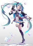  absurdres aqua_eyes aqua_hair bad_id bad_pixiv_id gloves hatsune_miku high_heels highres hoshima long_hair magical_mirai_(vocaloid) microphone open_mouth reflection ribbon smile solo thigh_strap thighhighs twintails very_long_hair vocaloid 