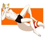  boxers_(clothing) canine clothed clothing fur half-dressed looking_at_viewer lying male mammal nipples orange_eyes orange_nose owllek paws smile solo stripes underwear volskar white_fur wolf 