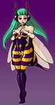  antennae arthropod bee black_eyes blush choker darkstalkers female green_hair hair honey insect lips looking_at_viewer morrigan_aensland purple_lips solo unknown_artist video_games wide_hips wings 