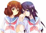  brown_eyes brown_hair hibike!_euphonium holding_hands interlocked_fingers kousaka_reina multiple_girls neckerchief oumae_kumiko purple_eyes purple_hair red_neckwear school_uniform serafuku simple_background tama_two_(fukuya) upper_body white_background wrist_cuffs yuri 