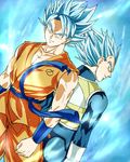  aura back-to-back blue_eyes blue_hair dougi dragon_ball dragon_ball_z dragon_ball_z_fukkatsu_no_f dutch_angle fuoore_(fore0042) male_focus multiple_boys smile son_gokuu super_saiyan super_saiyan_blue vegeta wristband 