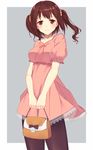  :3 bag bangs breasts brown_eyes brown_hair casual cowboy_shot dress ebina_nana handbag highres himouto!_umaru-chan lace lace-trimmed_dress large_breasts looking_at_viewer omochi_(youmu46) pantyhose short_dress short_sleeves simple_background smile solo standing twintails 
