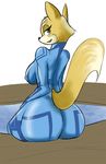  2015 anthro big_breasts big_butt breasts butt canine crossgender duplicitousmachine female fox fox_mccloud green_eyes looking_at_viewer looking_back mammal nintendo rear_view simple_background smile star_fox video_games white_background wide_hips zero_suit 