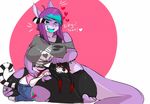  &lt;3 ... 2015 anthro artesia artesia_(artist) barefoot black_hair blue_hair clothed clothing duo english_text feline female fish fur girly hair hug kneeling laugh male mammal marine multicolored_hair open_mouth overweight purple_hair red_hair shark simple_background sitting smile text tobiwanz toe_curl two_tone_hair white_fur 