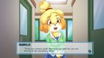  animal_crossing bell black_nose breasts clothed clothing english_text eyewear fake_screenshot female glasses hair isabelle_(animal_crossing) lil-heartache looking_at_viewer nintendo open_mouth school solo text tongue video_games 