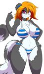  anthro big_breasts bikini breasts breya chest_tuft cleavage clothed clothing female fur hair lemur looking_at_viewer mammal mastergodai navel orange_hair primate purple_eyes simple_background smile swimsuit thick_thighs tuft white_background wide_hips 