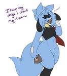  2015 anthro blue_fur blush cookie cute dewwydarts dialogue eyes_closed female food fur may_(riolu) nintendo pok&eacute;mon riolu simple_background solo thick_thighs video_games white_background wide_hips 