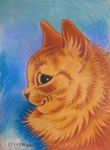  ambiguous_gender blue_background brown_nose cat feline fluffy fur license_info looking_at_viewer louis_wain mammal orange_fur pastel_(artwork) public_domain side_view signature simple_background smile solo traditional_media_(artwork) whiskers 