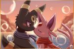  artist_name blush border bubble closed_eyes clothed_pokemon couple dated espeon forked_tail gen_2_pokemon highres ivan_(ffxazq) kiss no_humans pokemon pokemon_(creature) sunset tail umbreon water 
