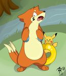  2011 ambiguous_gender buizel duo fangs female fur mammal mustelid nintendo open_mouth overweight paws pikachu pok&eacute;mon rodent video_games wildtheory yellow_fur 
