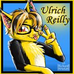  cat chest_tuft ear_piercing eyewear fangs feline fur girly glasses gloves_(marking) hair hair_over_eye male mammal markings pawpads paws penmark piercing red_eyes solo text tongue tongue_out tuft ulrich_reilly v_sign 