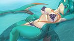  16:9 2015 anthro bikini blue_hair blue_scales breasts claws clothed clothing female fish green_hair green_scales hair hi_res high-angle_shot looking_at_viewer marine multicolored_scales navel orange_markings orange_scales outside partially_submerged purple_eyes scales seductive shark smile solo swimsuit tan_scales teal_hair teal_scales victoriano_the_chief water 