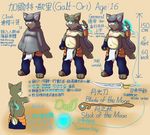  2014 anthro back belly blue_eyes canine cape chaps chubby cloak clothed clothing divinemello english_text footwear fur grey_fur half-dressed japanese_text loincloth looking_back male mammal melee_weapon model_sheet multicolored_fur navel nipples pink_background sandals scar simple_background solo staff standing sword text topless translation_request two_tone_fur weapon white_fur wolf 