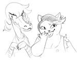  anthro black_and_white bratty_(undertale) breasts cat catty_(undertale) cleavage clothed clothing crocodile duo feline female hair laugh mammal monochrome morbi open_mouth reptile scalie smile undertale 