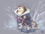  archer armello armor arrow bow_(weapon) canine chibi cloak clothing digitigrade female liea mammal ranged_weapon ribbons river_(armello) solo tree watermark weapon wolf yellow_eyes 