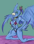  anthro avian bed big_breasts bikini bowing bowl breasts chest_tuft clothing duplicitousmachine facial_markings feathers female fur hand_on_hip hand_on_thigh jewelry kneeling markings mountain navel non-mammal_breasts swimsuit tuft wings 