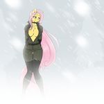  2015 anthro anthrofied areola big_breasts blue_eyes blush breasts choker cleavage clothed clothing cosplay crossover equine female fluttershy_(mlp) friendship_is_magic fur hair hi_res horse konami long_hair mammal metal_gear my_little_pony nipples outside pink_hair pony scorpdk sniper_wolf snow solo thigh_gap video_games yellow_fur 