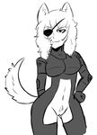  canine crossgender d-dog dog eye_patch eyewear female hand_behind_back hand_on_hip mammal metal_gear monochrome navel pubes pussy scar smile solo unknown_artist video_games 