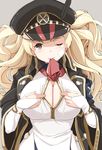  blonde_hair breasts center_opening cleavage granblue_fantasy hat kichihachi large_breasts long_hair monica_weisswind mouth_hold one_eye_closed paizuri_invitation peaked_cap solo 
