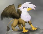  avian blackligerth brown_feathers feathers female feral friendship_is_magic gilda_(mlp) grey_background gryphon hi_res multicolored_feathers my_little_pony painting rock sharp_claws simple_background solo talons two_tone_feathers white_feathers white_sclera wings yellow_eyes 