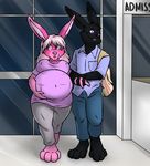  aggrobadger anthro duo female hair hand_holding hospital lagomorph male mammal pink_eyes pregnant rabbit standing 