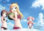  4girls akaza_akari artist_name bangs beach bikini black_bikini black_eyes black_hair blonde_hair blush bow collarbone date dated eyes_closed food fruit funami_yui hair_bobbles hair_bow hair_buns hair_ornament holding holding_fruit lens_flare mound_of_venus multiple_girls navel ocean one-piece_swimsuit partially_submerged pink_hair red_bikini red_swimsuit sky small_breasts smile summer swimsuit tata_(tataice) toshinou_kyouko translation_request twintails water watermelon yoshikawa_chinatsu yuru_yuri 