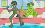  beast_boy convenient_censorship cub eating fangs food game_controller gaming green_eyes happy kithawking male navel nipples not_furry nude open_mouth playing_videogame sitting teen_titans teen_titans_go tofu young 