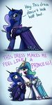  2015 anticularpony blue_eyes clothing dialogue dress duo english_text equine female feral friendship_is_magic hair horn hug mammal multicolored_hair my_little_pony princess_celestia_(mlp) princess_luna_(mlp) purple_eyes text winged_unicorn wings 