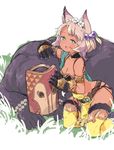  animal_ears armlet bad_id bad_twitter_id bare_shoulders cat_ears cat_paws dark_skin done_(donezumi) erune feathers flower granblue_fantasy hair_flower hair_ornament melleau paws short_hair thighhighs 