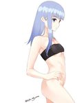  bandeau bangs blue_eyes blue_hair blunt_bangs bottomless breasts commentary_request eyebrows_visible_through_hair from_side hand_on_hip hatsukaze_(kantai_collection) kantai_collection long_hair sidelocks simple_background small_breasts solo straight_hair strapless touyama_eight twitter_username underboob white_background 