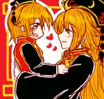  1girl :d black_dress bofeng closed_eyes dress heart junko_(touhou) kide_koushin long_hair mother_and_son motherly open_mouth orange_hair red_eyes smile tabard touhou 