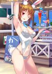  ;) absurdres ahoge animal_ears arm_behind_head arm_up armpits bangs bendy_straw blue_sky breasts brown_hair bunny_girl bunny_tail bunnysuit cafe cherry cleavage cocktail cocktail_glass cocktail_umbrella contrapposto cowboy_shot cup day detached_collar drinking_glass drinking_straw fake_animal_ears fishnet_gloves fishnets food fruit gloves highres ibuki_tsubasa idolmaster idolmaster_million_live! innertube joey_koguma kooribata leotard looking_at_viewer medium_breasts menu_board navel navel_cutout necktie one-piece_swimsuit one_eye_closed open_sign orange orange_slice parted_lips pineapple_slice red_eyes sand seashell shell short_hair short_necktie sky smile solo_focus standing sunlight swimsuit table tail tray waitress watermelon white_swimsuit wooden_floor wrist_cuffs 