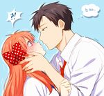  1boy 1girl bad_id bad_twitter_id blush bow eye_contact gekkan_shoujo_nozaki-kun hair_bow hands_on_another's_face korean looking_at_another mery_(apfl0515) nervous nozaki_umetarou polka_dot polka_dot_bow sakura_chiyo translated 