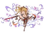  armband bangs bare_shoulders bikini black_bow black_legwear blonde_hair bow breasts cleavage collarbone criss-cross_halter empty_eyes flower full_body granblue_fantasy hair_between_eyes hair_bow hair_flower hair_ornament halter_top halterneck hibiscus holding holding_sword holding_weapon large_breasts leaning_forward long_hair looking_at_viewer minaba_hideo official_art open_mouth orange_bow orange_eyes perspective platform_footwear ponytail purple_ribbon ribbon sandals sheath sidelocks smile solo swimsuit sword thighhighs transparent_background unsheathed vira_lilie weapon 