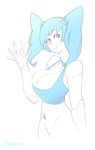  5_fingers bewbchan blue_eyes blue_hair breasts cleavage clothed clothing eyelashes female hair half-length_portrait jenny_wakeman machine my_life_as_a_teenage_robot navel robot simple_background smile solo sports_bra waving white_background 