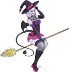  alpha_channel belt boots bow broom clothed clothing digital_media_(artwork) female footwear gr0ssking hair hat legwear not_furry pink_eyes purple_hair simple_background skirt solo spade_tail stockings succubus transparent_background witch_hat 