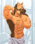  abs anthro bathroom biceps big_muscles black_nose brown_eyes brown_fur canine canyne_khai clothed clothing dog fur german_shepherd half-dressed hand_behind_head looking_at_viewer male mammal muscular open_mouth pec_grasp pecs smile solo standing teeth toned topless towel 