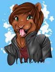  2014 anthro blue_background brown_fur brown_hair bust_portrait chandler_(chandlertheotter) clothing flower fur green_eyes hair jacket kimberofinfinityworks mammal mustelid necklace otter pink_nose plant shirt signature simple_background smile teeth tongue tongue_out whiskers 