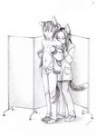  ambiguous_gender animal_humanoid cat_humanoid clothed clothing duo eyes_closed feline felis footwear greyscale hair hitomikoro humanoid jacket long_hair male mammal monochrome navel pants partially_clothed shoes unbuttoned undressing unzipped worried 