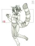 2015 80s claws clothing exercise female fur headband kacey leg_warmers legwear looking_at_viewer mammal open_mouth ponytail red_panda ringed_tail sketch smile solo striped_fur stripes toe_claws tongue weights 