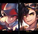  artist_name baseball_cap black_hair character_name collar collarbone confrontation expressionless glowing glowing_eyes goggles gold_(pokemon) hat kawacy male_focus multiple_boys open_mouth pixiv_red pokemon pokemon_(game) pokemon_gsc red_(pokemon) red_eyes smirk yellow_eyes 