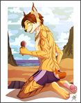  anthro beach clothing dessert feline food gothwolf ice_cream lynx male mammal necktie outside seaside solo summer swimsuit yellow_eyes 