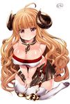  anila_(granblue_fantasy) breasts brown_eyes brown_hair cleavage closed_eyes draph granblue_fantasy highres horns large_breasts long_hair looking_at_viewer sheep_horns shiroie_mika simple_background smile solo thick_thighs thighs v_arms white_background 