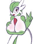  areola big_breasts breasts clothing cute dress eyelashes female gardevoir green_hair hair huge_breasts looking_at_viewer nintendo nipples open_mouth pok&eacute;mon quin-nsfw red_eyes simple_background solo standing tongue video_games 