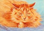  ambiguous_gender cat ears_down feline feral fluffy fur license_info looking_at_viewer louis_wain mammal nude orange_fur pastel_(artwork) public_domain signature simple_background solo traditional_media_(artwork) whiskers yellow_eyes 