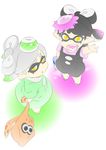  2girls aori_(splatoon) black_hair brown_eyes commentary domino_mask dress fang food food_on_head from_above green_dress highres holding hotaru_(splatoon) looking_at_viewer mask mole mole_under_eye multiple_girls object_on_head pointy_ears shirt shoes short_hair short_jumpsuit sketch splatoon_(series) splatoon_1 standing stuffed_animal stuffed_toy taka-michi tentacle_hair water_gun waving white_background white_hair younger 