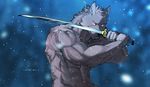  abs action_pose anthro biceps big_muscles bust_portrait canine canyne_khai male mammal melee_weapon muscular muscular_male nude pecs red_eyes solo sword weapon wolf 