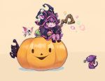  blush_stickers cat cupcake fish_bone food league_of_legends lulu_(league_of_legends) open_mouth pumpkin purple_hair purple_skin simple_background staff takotsu yellow_eyes yordle 