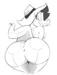  2015 anthro big_butt black_and_white blush breasts bullet butt clothed clothing crocodile eyelashes female half-dressed hat looking_at_viewer looking_back monochrome presenting rear_view reptile scales scalie seductive sharp_teeth shorts side_boob simple_background smile solo teeth tight_clothing tongue tongue_out topless vimhomeless voluptuous white_background 